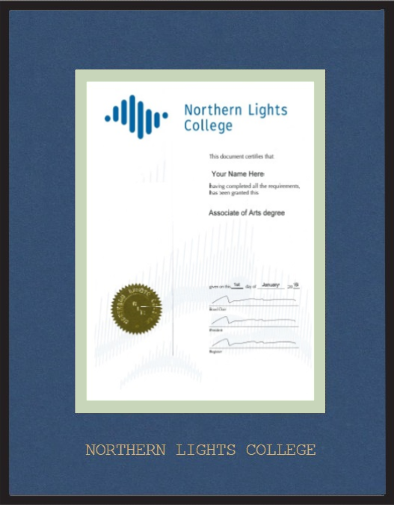 Satin black metal diploma frame with double mat board and gold foil stamp with "NORTHERN LIGHTS COLLEGE" GOUDY 24P. (#SB-12x15-volc/ths-fs)